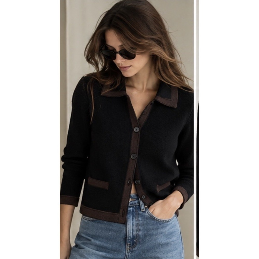 Margaret O'Leary Cardigan Jacket Sz S Black Brown Contrast Trim Quiet Luxury